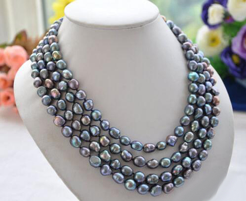Collar de perlas de agua dulce, joyería fina, largo, natural, negro, barroco, 60