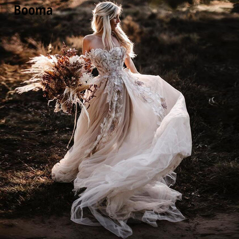 Booma apliques florales románticos 2022 vestidos de boda país encaje una línea de hombro sin espalda Sexy tul vestidos de novia estilo Boho ► Foto 1/4