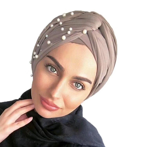 Turbante elástico con cuentas de perlas para mujer musulmana, gorro para pacientes de cáncer, envoltura de cabeza de algodón, gorro de quimio, gorrito Hijab ► Foto 1/6