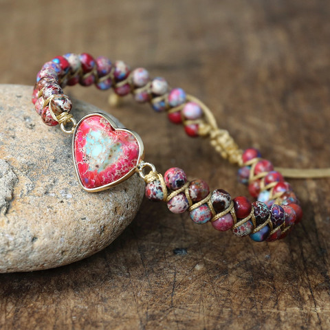 Pulsera de piedra con forma de corazón Imperial para mujer, Bohemia, cuerda de Yoga, pulsera trenzada, brazalete envolvente para amante, joyería hecha a mano para mujer ► Foto 1/6