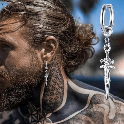 Pendientes de plata individual con forma de espada HUGGIE para hombre, pendientes de aro de acero inoxidable con diseño de tatuaje de roca, a la moda ► Foto 1/6