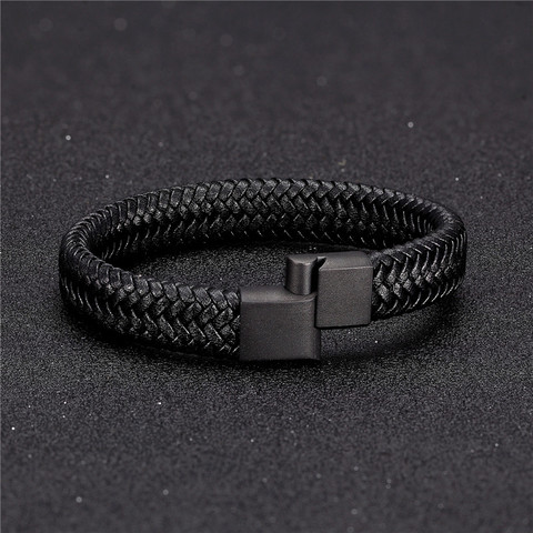 MKENDN, pulsera de cuero Punk para hombres, cierre magnético negro de acero inoxidable, pulsera tejida trenzada, Pulseras de regalo para hombres ► Foto 1/6