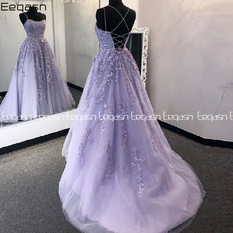 Eeqasn-vestidos De encaje lila para baile De graduación, Vestido De Fiesta con tirantes finos, Espalda descubierta, línea A, para mujer, vestidos De noche formales largos ► Foto 1/6