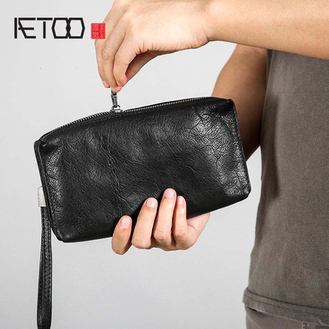 AETOO-cartera retro de cuero para hombre, bolso de mano, monedero de cuero tipo clutch, hecho a mano, informal, retro, bolsa con cierre, billetera larga ► Foto 1/6