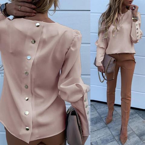 Blusa elegante nueva Puff hombro camisas Oficina señora otoño Metal botones detalle blusas Mujer piña estampado manga larga ► Foto 1/6