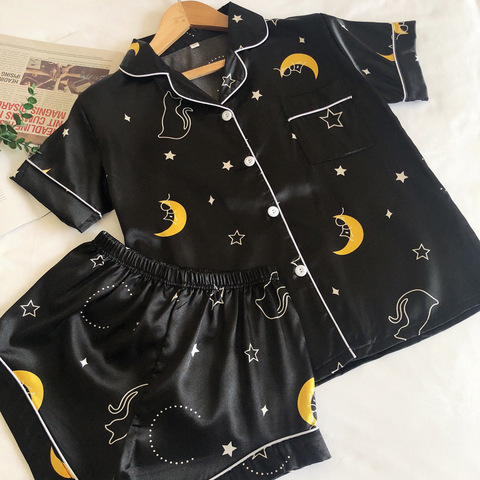 Pijama de seda para mujer, conjunto de ropa de dormir de Noche Estrellada estampado de Luna, pantalones cortos y Top, traje para casa ► Foto 1/6