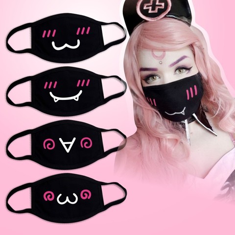 Mascarilla facial transpirable con expresión de sonrisa para hombre y mujer máscara de algodón para la boca, Unisex, estilo coreano negro, Kpop, cara Kawaii, máscara de mufla para la boca, Anime ► Foto 1/6