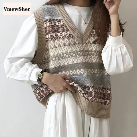 VmewSher-suéter de punto con cuello en V para mujer, chaleco de otoño e invierno de estilo coreano, Tops sin mangas, suéter corto y holgado ► Foto 1/6