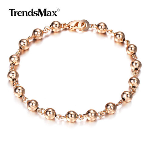 Pulsera de cadena redonda con cuentas para mujer y niña, brazalete de oro rosa de 6mm y 8mm, cierre de langosta, joyería de moda para fiesta de boda CBM02, 585 ► Foto 1/6