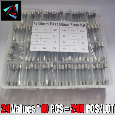 Kit de fusibles de vidrio rápido 240 unids/caja, 24 valores, 6x30mm, en paquete, 0.2A, 0.5A, 1A, 2A, 3A, 5A, 6A, 8A, 10A, 15A /250V, 6x30 ► Foto 1/1