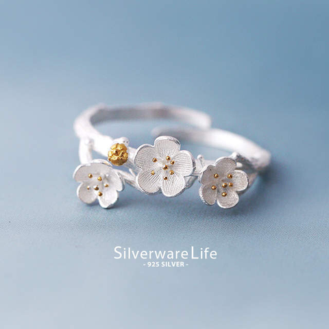 Anillo elegante de Plata de Ley 925 con flores de ciruela para mujer, sortija de dedo de tamaño ajustable, joyería de moda ► Foto 1/5