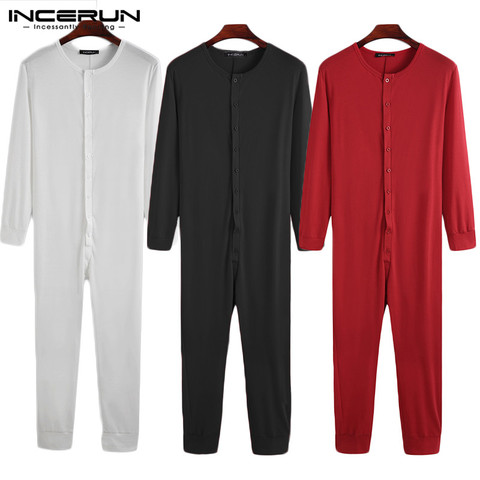 Mono de pijama para hombre, ropa de dormir de manga larga de Color sólido, cómoda, con botones, monos para dormir, S-5XL, INCERUN ► Foto 1/6