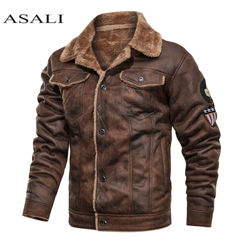 Chaquetas de piel de ante de estilo antiguo para hombre, chaqueta militar Vintage, abrigo de invierno, chaquetas de piel casuales cálidas, ajuste delgado de PU con cremallera para hombre ► Foto 1/6