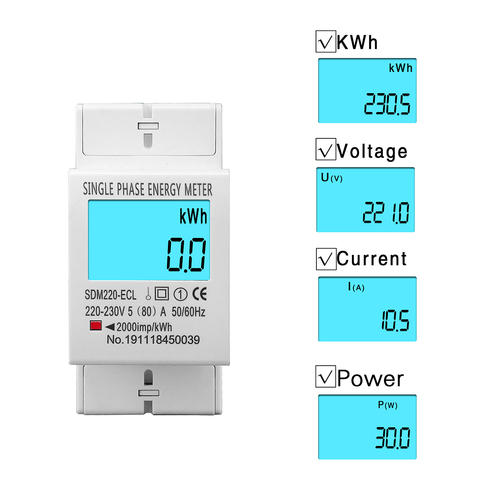 Monitor Digital LCD monofásico de dos cables, rail Din 80A, Medidor eléctrico de consumo de energía kWh AC 220V 230V 50Hz/60Hz ► Foto 1/6