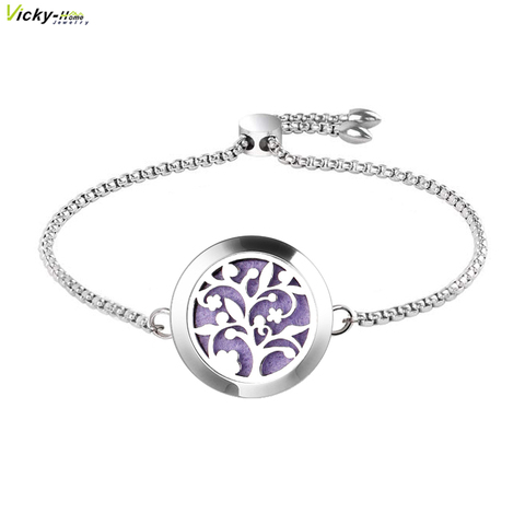 Pulsera difusora de aceite esencial para mujer, relicario de acero inoxidable de aromaterapia, brazalete ajustable con almohadillas gratis ► Foto 1/6