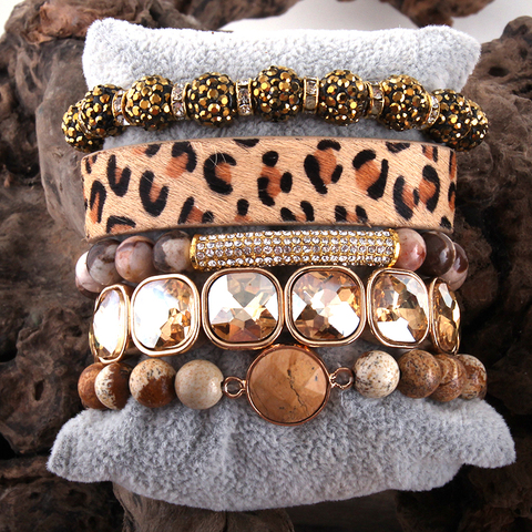 RH-Conjunto de pulsera de cuero con estampado de leopardo para mujer, 5 pulseras femeninas hechas a mano con piedra Natural, envío directo ► Foto 1/6