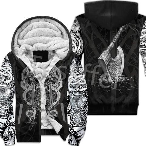 Tessffel-sudaderas con capucha polares para hombre, abrigo grueso cálido con capucha y cremallera, con estampado 3D de pirata, tatuaje Vikingo, estilo chaqueta-15 ► Foto 1/6