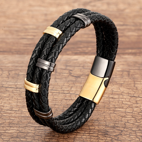 Pulseras de cuero genuino para hombre, accesorios de acero inoxidable, cierre magnético clásico, brazalete de cuerda atractivo multicapa, joyería para hombre ► Foto 1/1