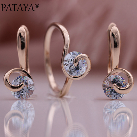 PATAYA-Conjunto de joyería de moda para mujer, aretes de circonita Natural de oro rosa 585, conjuntos de anillos románticos para boda, regalo inusuales ► Foto 1/6