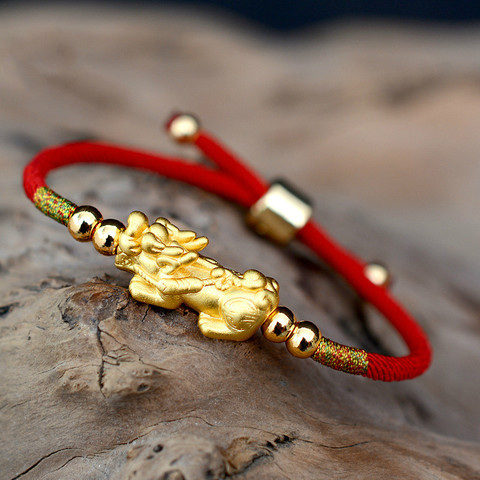 Pulseras de cuerda roja de la suerte para hombre y mujer, Pixiu, Color dorado, nudos budistas tibetanos, pulsera ajustable ► Foto 1/6