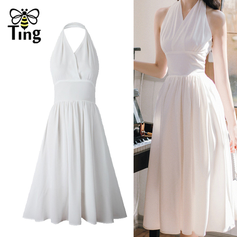 Tingfly-vestido clásico de Marilyn Monroe, Sexy, blanco, cuello de pico, Halter, cintura alta, Midi, informal, para vacaciones, ropa de calle de verano ► Foto 1/6