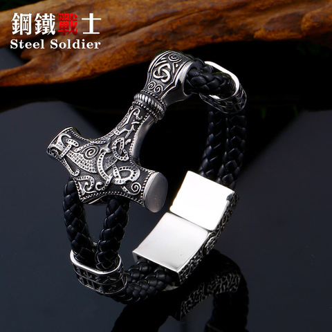 Soldado de acero 316L de acero inoxidable brazalete vikingo el martillo de thor mjolnir escandinavo nórdico de la joyería del brazalete ► Foto 1/6