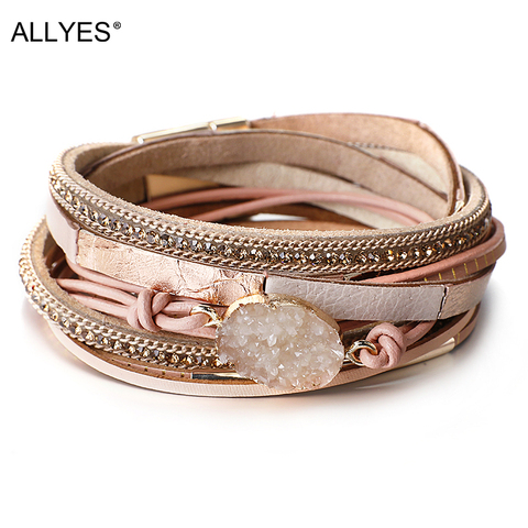 ALLYES-Pulseras multicapas de cuero genuino para mujer, abalorios de resina bohemios, pulsera de cadena con diamantes de imitación, joyería para mujer 2022 ► Foto 1/6