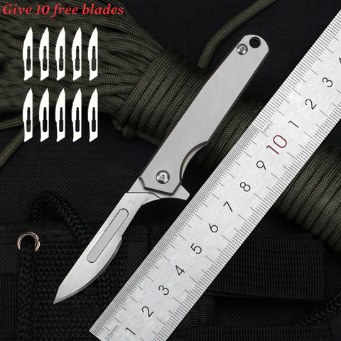 Cuchillo plegable EDC de aleación de titanio, Mini bisturí plateado, herramienta multifuncional expreso abierta, 10 cuchillas gratis ► Foto 1/6