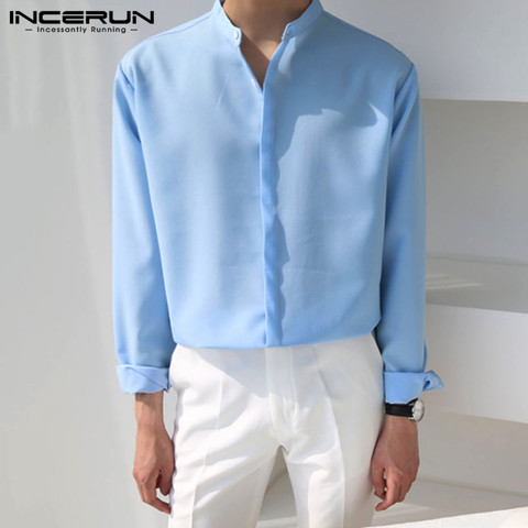 INCERUN-camisa informal de manga larga para hombre, camisa masculina de estilo coreano con botones y cuello alto, de marca de Color sólido 5XL, 2022 ► Foto 1/6
