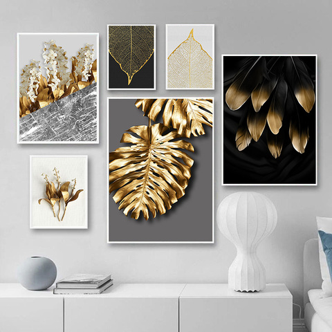 Hojas de oro de lujo decoración abstracta imagen casa Arte de la pared Decoración imprimir planta cartel minimalista de pared de pintura de la lona ► Foto 1/6