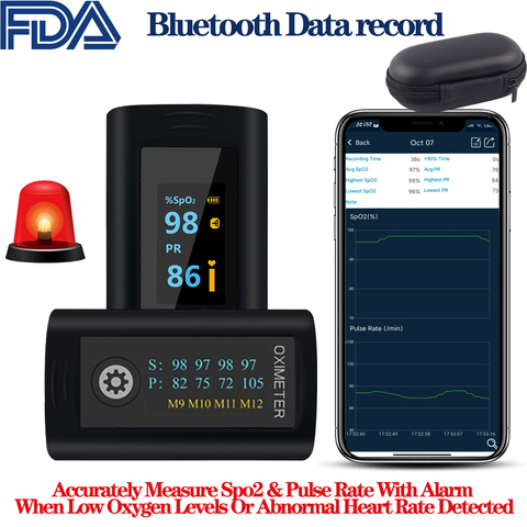 Oxímetro de pulso para dedo con Bluetooth, monitor de sueño, alarma, ritmo cardíaco y oxígeno en la sangre, medidor de saturación, almacenamiento interno, datos de registro, FDA ► Foto 1/6