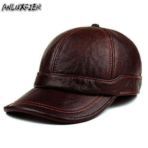 Sombrero de piel auténtica para hombre, gorra con protección de oídos, cálido, Gorra de béisbol de cuero, para invierno, B-8385 ► Foto 1/6