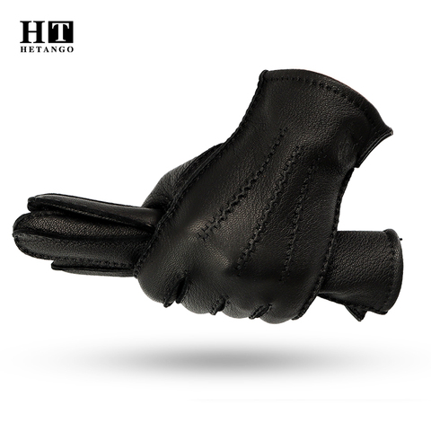 Guantes de cuero para hombre, Manoplas de piel de ciervo cosidas a mano, cálidas, resistentes al desgaste, diseño de onda negra, resistentes al frío, forro de lana 70%, novedad de invierno ► Foto 1/6