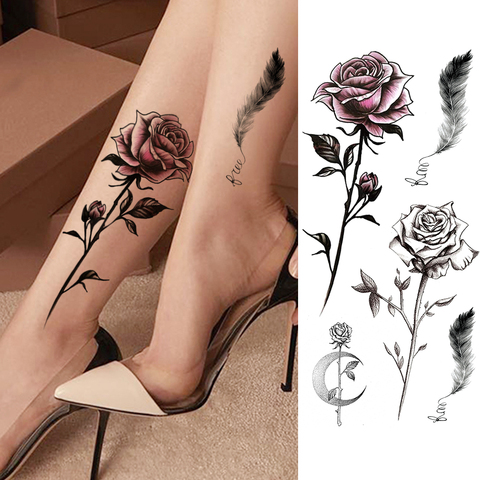 Tatuajes Temporales calcomanías de flores para mujer, calcomanías de pluma de Rosa falsa, arte corporal impermeable, piernas y brazos ► Foto 1/6