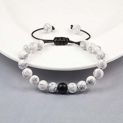 Pulsera clásica con cuentas blancas y negras para hombre y mujer, cuerda trenzada, piedra de Lava Natural, dijes ajustables, pulseras de Yoga, joyería ► Foto 1/6