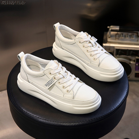 SWYIVY zapatos casuales de cuero genuino zapatos de las mujeres zapatillas de deporte de Otoño de 2022 luz blanca zapatillas de plataforma Med talón damas zapato cómodo 40 ► Foto 1/6