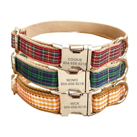 Personalizada Collar Plaid escocés de cachorro gato etiqueta de identificación de nombre ajustable Collar de perro de grabado gratis collares de perro ► Foto 1/6