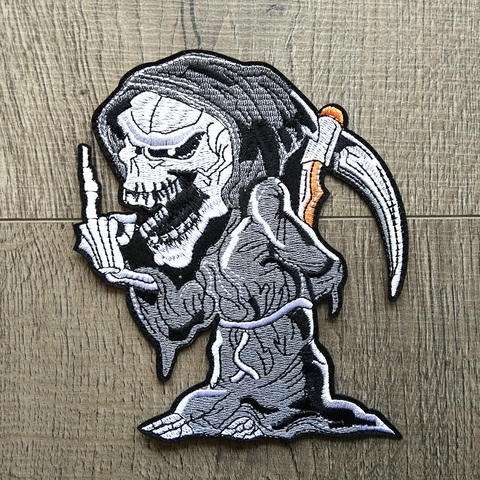 Dibujos Animados Grim Reaper cráneo bordado parches para la ropa de hierro en la ropa motociclista Appliques rayas insignia pegatinas Diy ► Foto 1/6