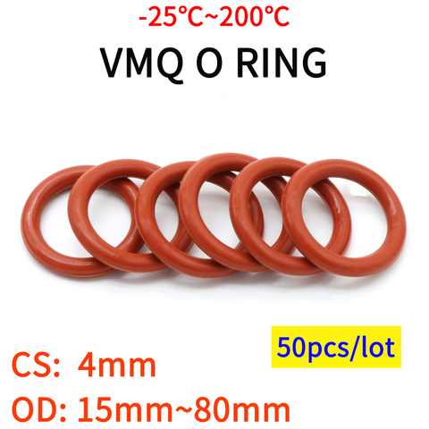 Junta de sellado VMQ O Ring, espesor CS 4mm OD 15 ~ 45mm, goma de silicona, lavadora a prueba de agua, forma redonda, no Toxi, color rojo, 50 Uds. ► Foto 1/3