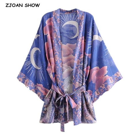Blusa tipo Kimono con estampado de flores y Luna Azul para mujer, estilo bohemio Camisa larga, con lazo, para vacaciones y playa ► Foto 1/1