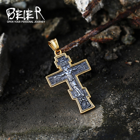 Beier-colgante de cruz de Jesús para hombre, crucifijo de acero inoxidable, cadena con colgante de la iglesia oriental, LLBP8-210P de joyería ► Foto 1/3