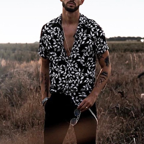 Ropa negra ajustada hawaiana estampada para hombre, camisa de manga corta de estilo europeo, camisas casuales de marca de moda para hombre ► Foto 1/6