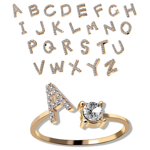 De moda ajustable 26 carta anillos con iniciales para las mujeres Zircon Color oro abierto de moda alfabeto dedo brazalete anillo chica los amantes de la joyería ► Foto 1/6