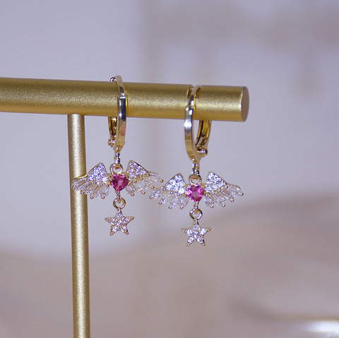Pendientes de tuerca de alas de Ángel para mujer, de circonia cúbica de oro Real de 14K, joyería delicada, aretes de estrella de corazón de estilo romántico ► Foto 1/6