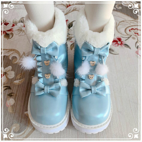 Botas de nieve kawaii lolita para niña, zapatos cálidos de Cachemira con cabeza redonda vintage, con lazo, lolita, loli ► Foto 1/5