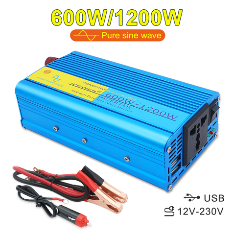 Inversor de potencia de onda sinusoidal pura de 600W/1200W, CC de 12V a ca de 220V, convertidor de voltaje portátil, adaptador, toma Universal, accesorios para automóviles ► Foto 1/1