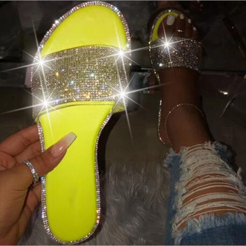 Sandalias con purpurina para mujer, chanclas de Color caramelo ostentosas a la moda para mujer, zapatos planos con diamantes para playa, sandalias para exteriores 2022 ► Foto 1/6