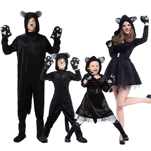 Umorden Halloween fiesta de Purim trajes familia juego Animal gato negro traje de Cosplay Mono para niños adultos vestido elegante para niñas ► Foto 1/6