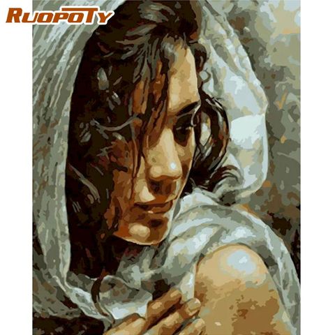 RUOPOTY-Kits de pintura por números para adultos y niños, sombrero blanco, figura de mujer, cuadro al óleo por número, 40x50cm, arte enmarcado para el hogar ► Foto 1/6