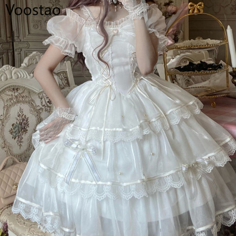 Vestido de princesa de Lolita para mujer, bonito vestido blanco con lazo de encaje con volantes vestidos de novia con flores, vestido de Hada de fiesta de tul Kawaii ► Foto 1/6